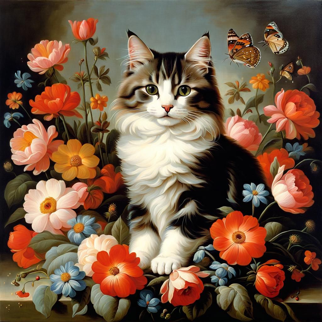 Cute Cat Surrounded by Flowers in Baroque Style