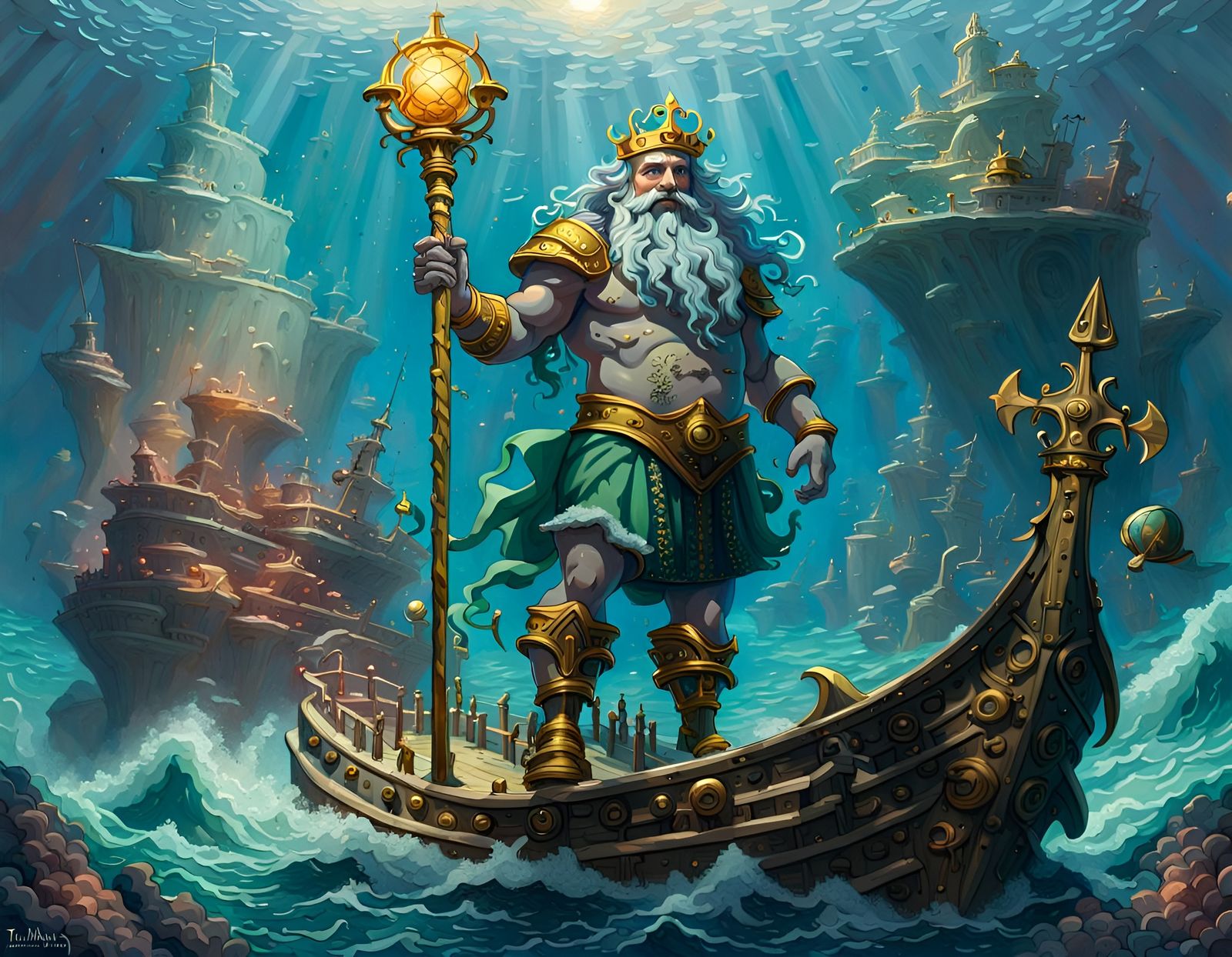 Fantastical King Neptune with Sunken Ship