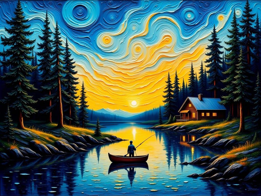 Twilight Fishing: Van Gogh-Style Impasto Painting
