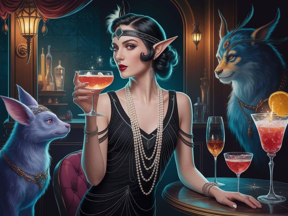 Elf Flapper in Fantasy Tavern, Art Deco Style