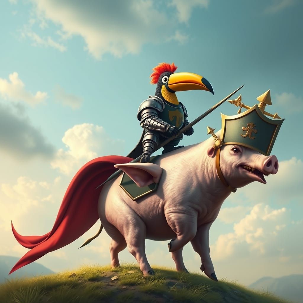 Toucan Knight Rides Majestic Pig