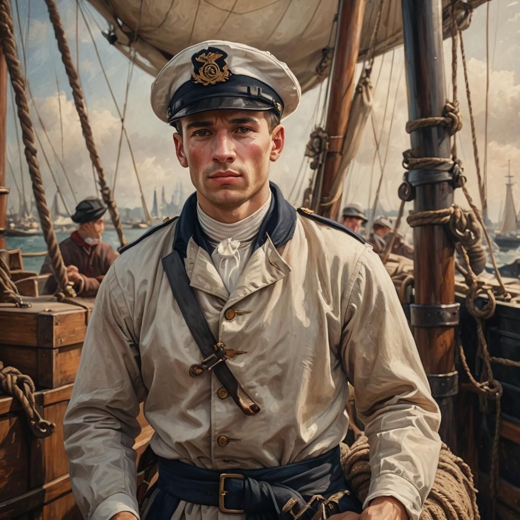 18th Century Sailor Unloads Cargo: Marine Oil Painting