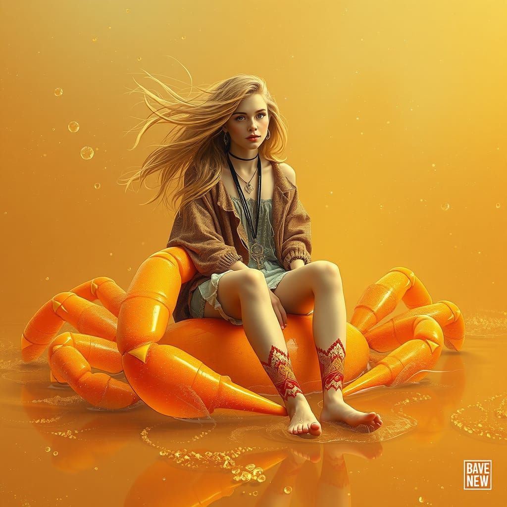 Bohemian Woman Rides Gummy Crab in Soda Sea