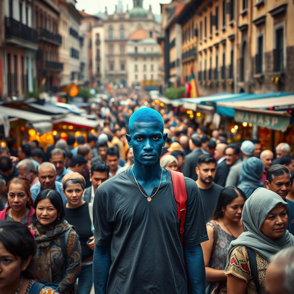 Vibrant City Square Scene with Radiant Blue Individual