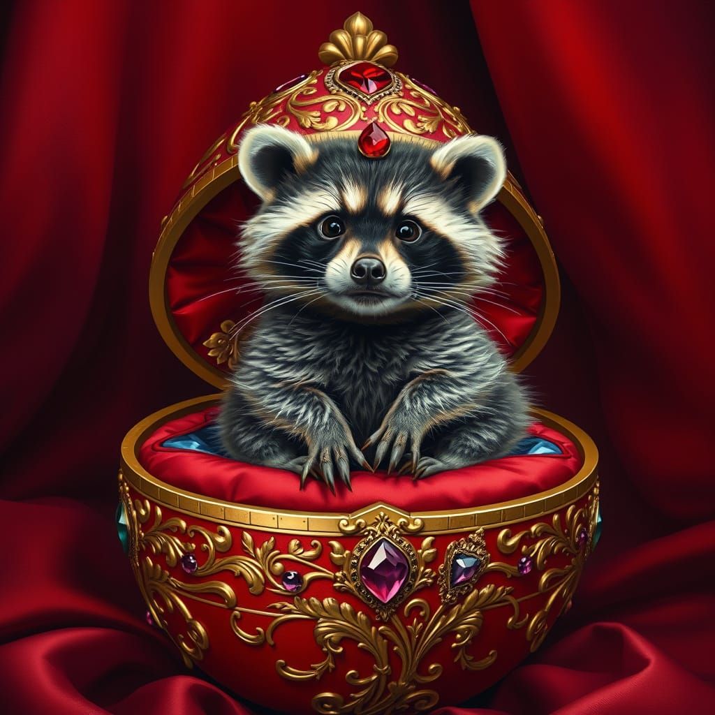 A photo of a fluffy baby raccoon sitting in the center of a Fabergé egg. The raccoon is resting on a luxurious red cushi...