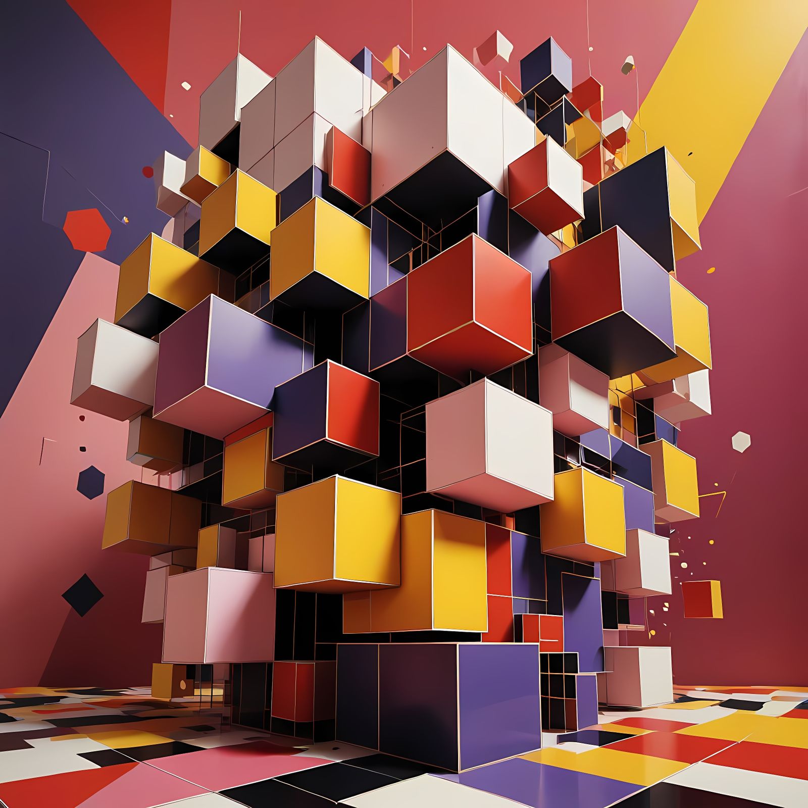 Polygonal Hexagons in Geometric Art with Red and Pink Dots