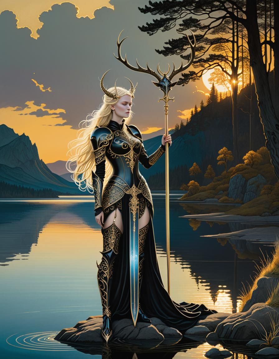 Woman in Stag Armor on Lake Shore