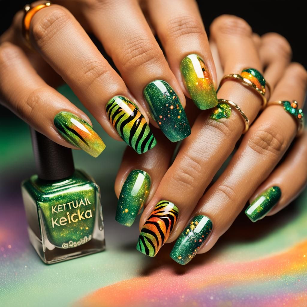 Zebra Galaxy Nail Art on Green: Surreal Concept