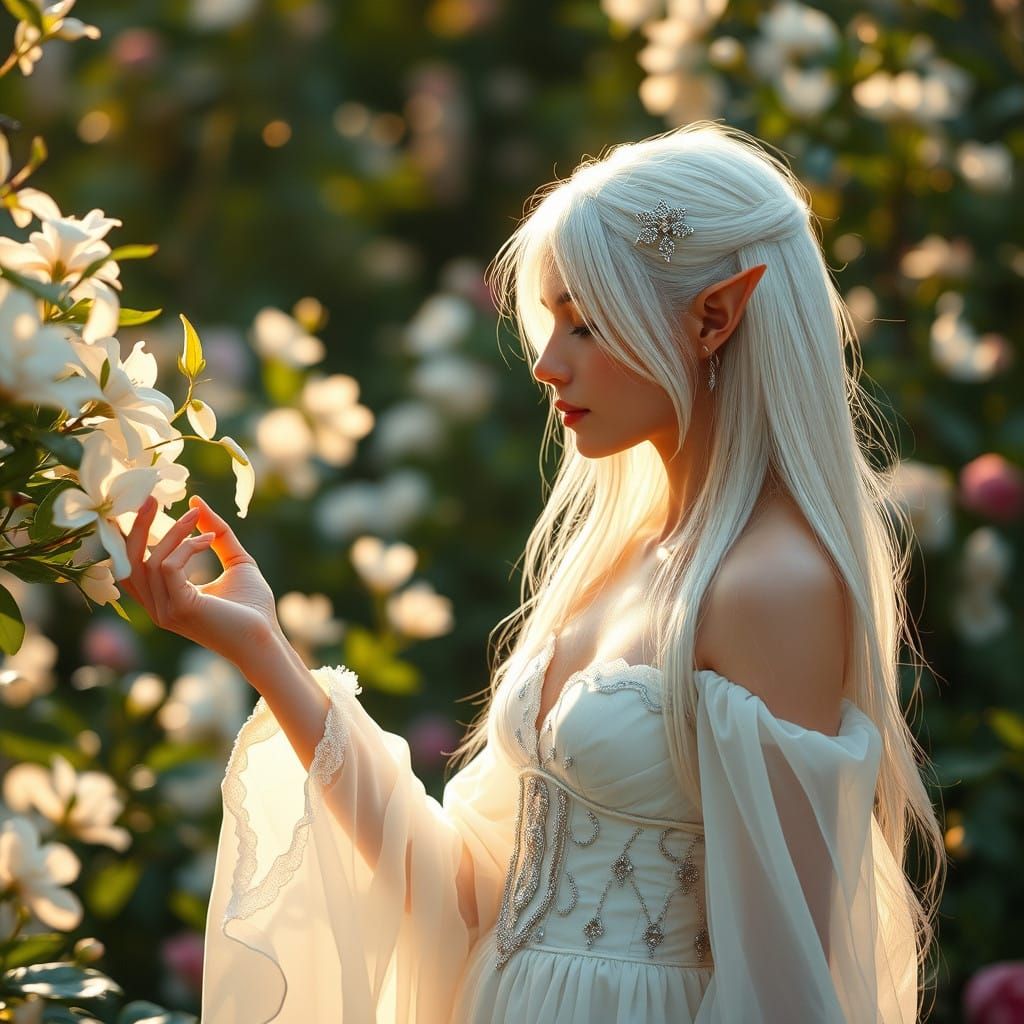 Elf Maiden Amidst Morning Blooms in Serene Garden Oasis