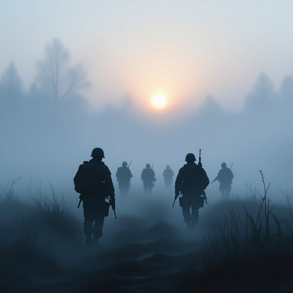 Soldiers Emerge From Fog at Dawn in Cinematic Concept Art St...