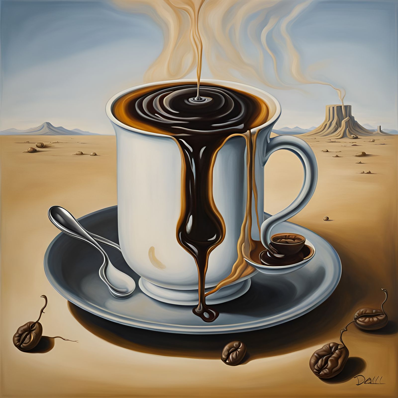 Surreal Melting Black Coffee, Dali-esque Oil Painting