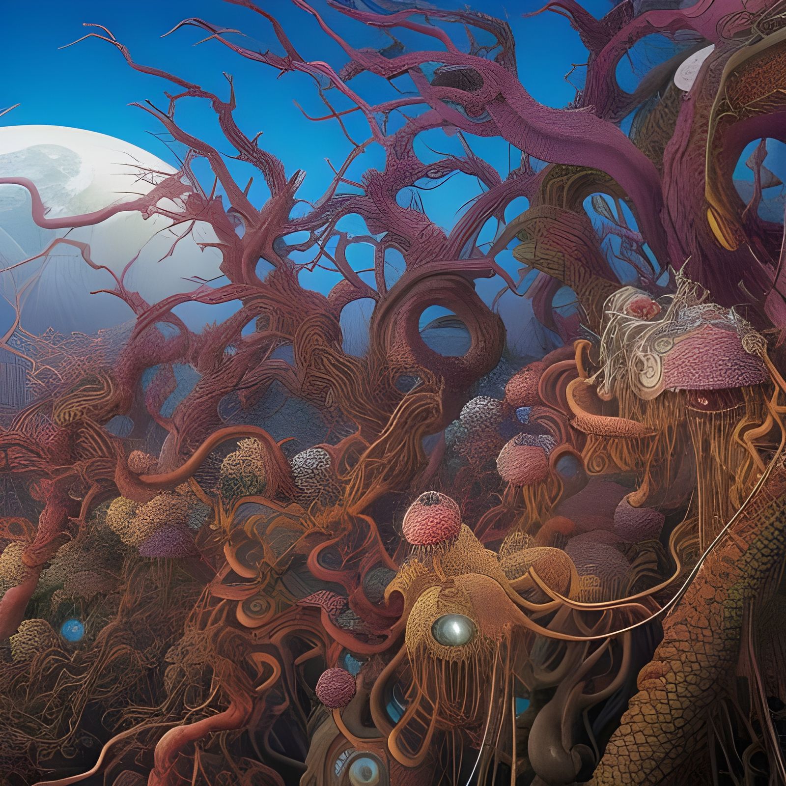 Grotesque Intertwined Creatures in Detailed Illustration