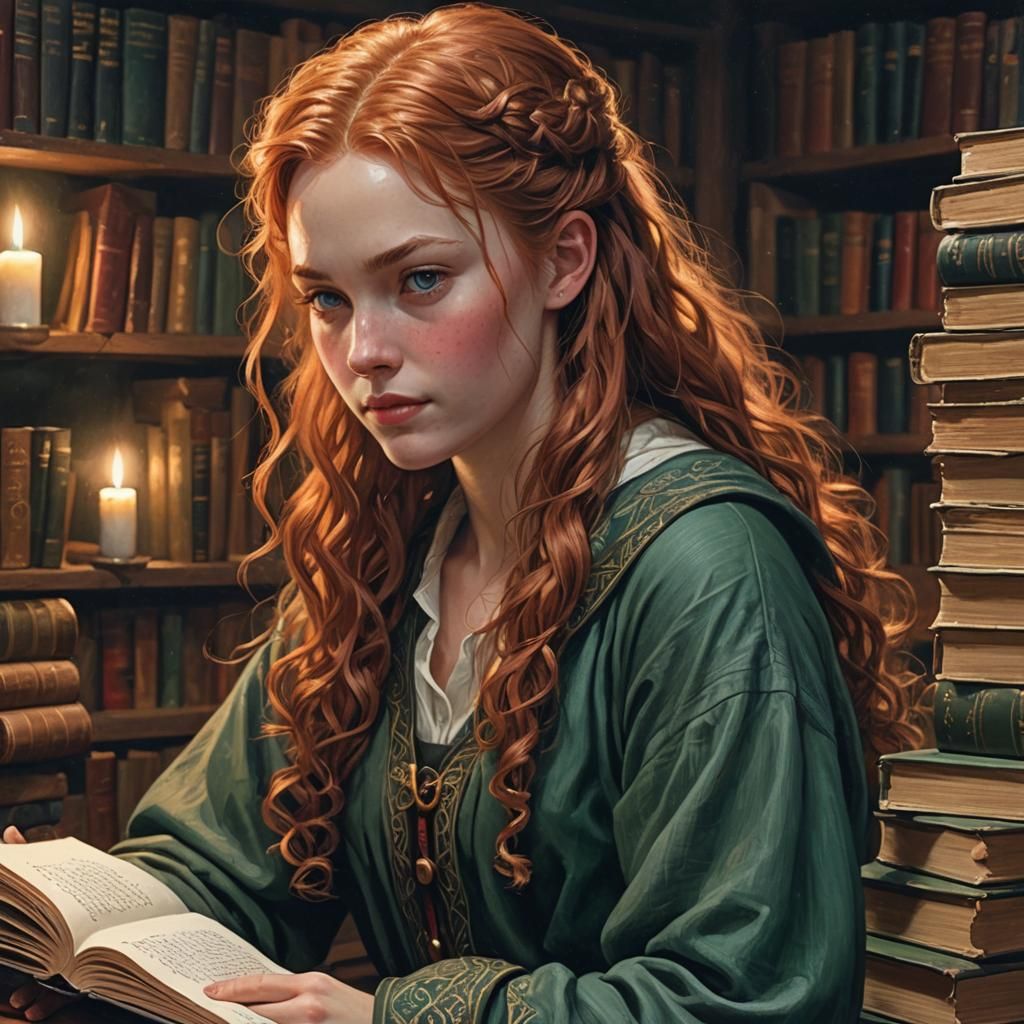 Hyperrealistic Norse Girl Reading by Candlelight