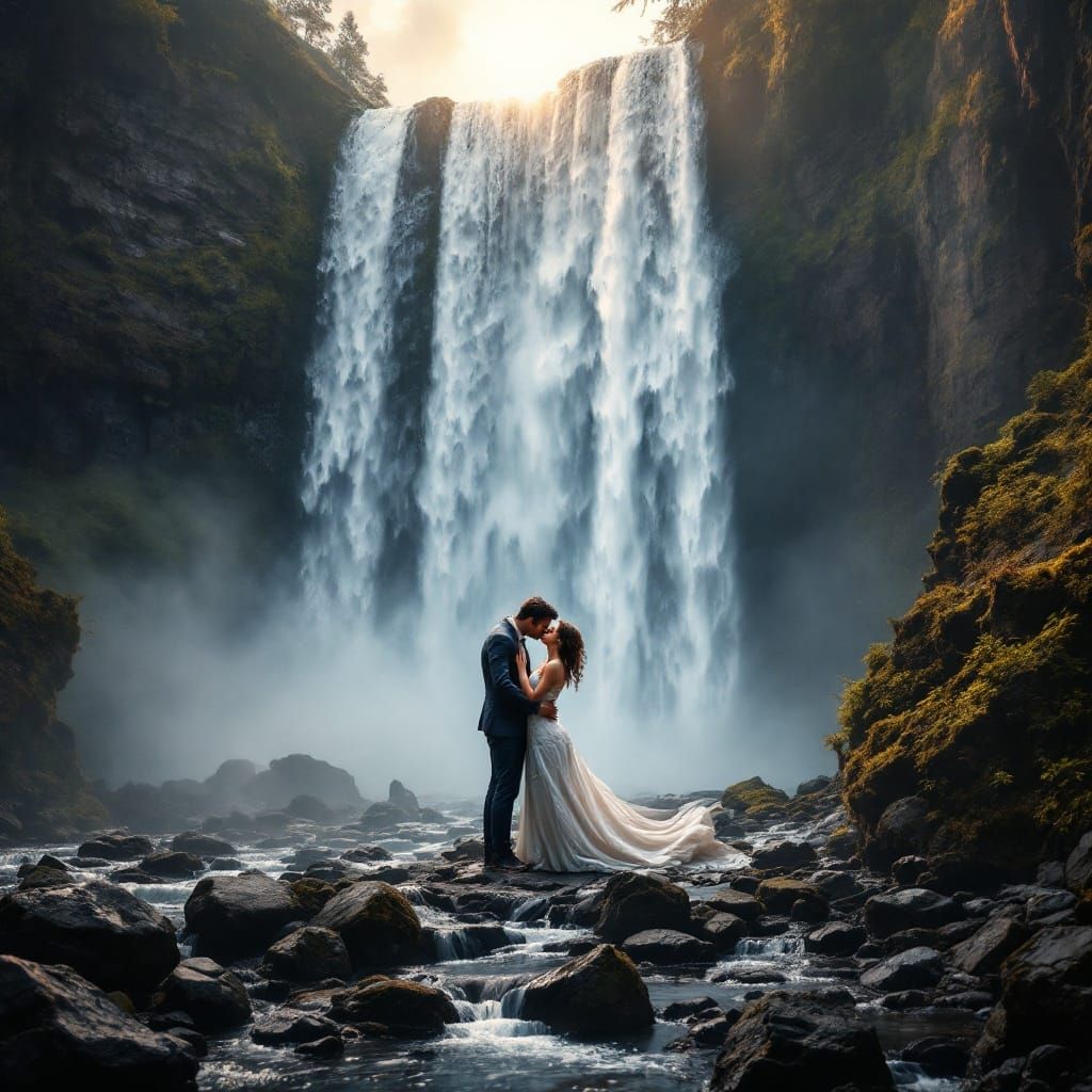 Couple's Eternal Kiss Under a Breathtaking Waterfall