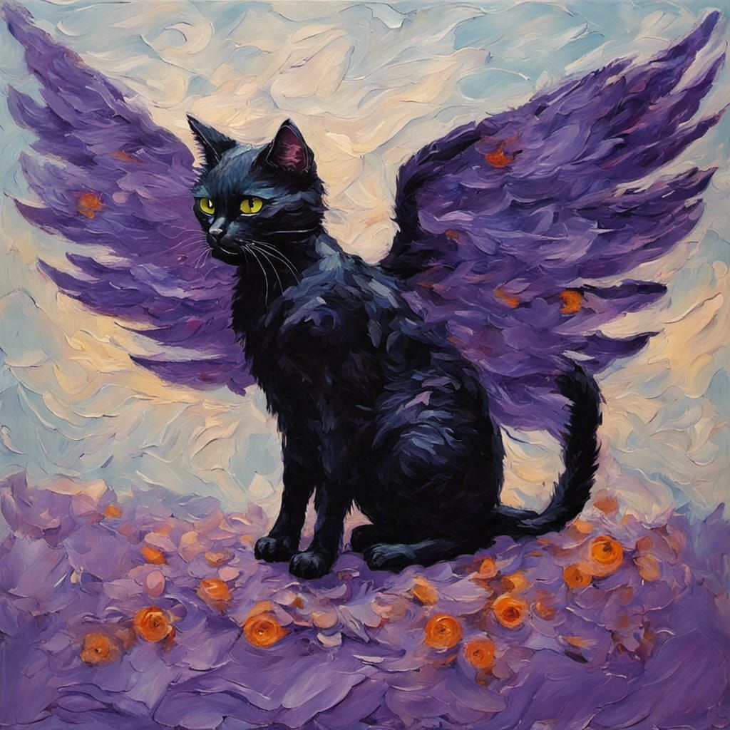 Winged Cat with Purple Feathers as Impasto Painting