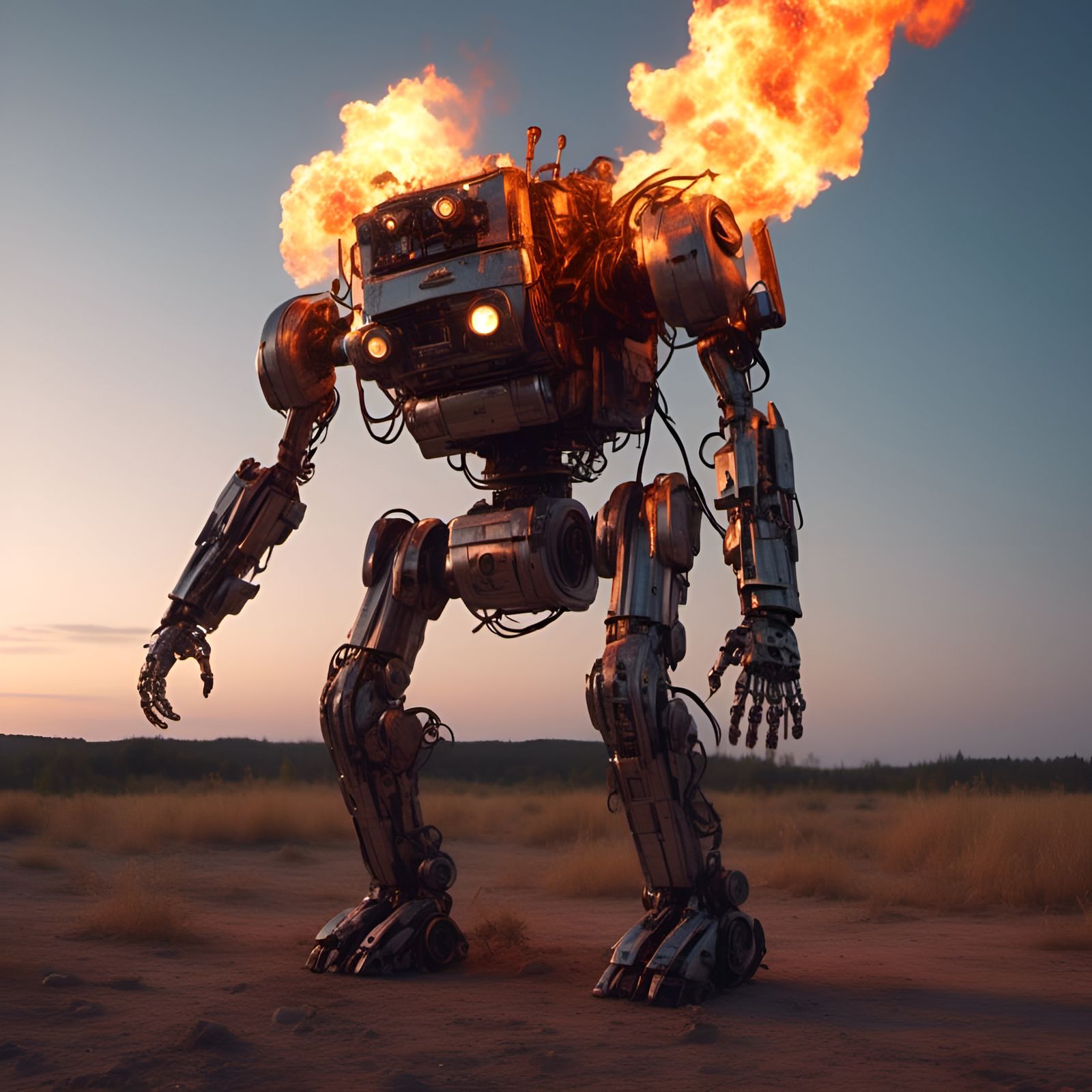 Humanoid Robot with Flamethrower in Animation Style