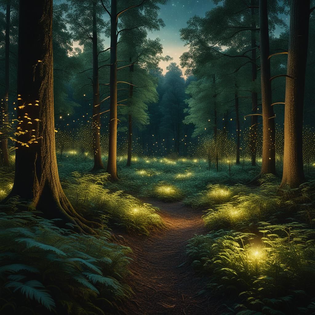 Synchronized Fireflies Light Up Magical Forest, Hyperrealist...