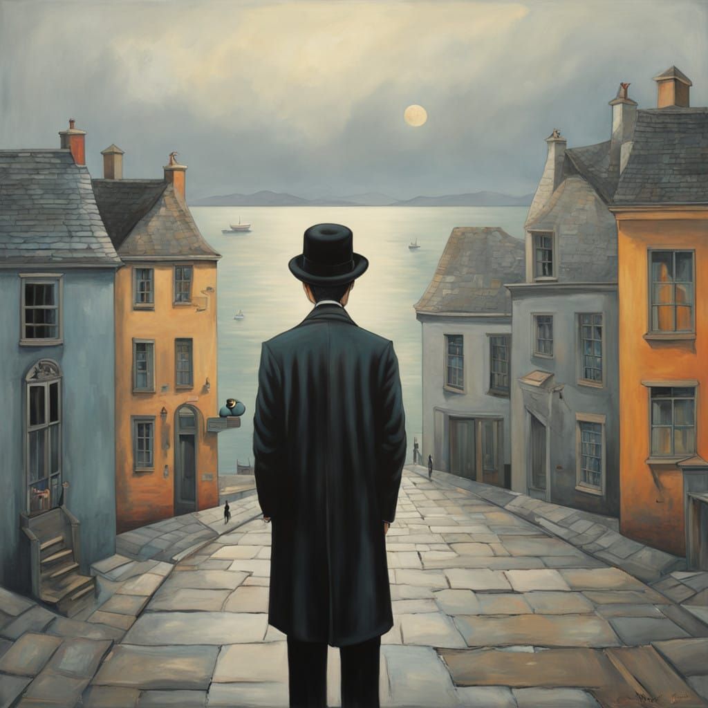 Man in Bowler Hat Holds Apple in Seaside Town