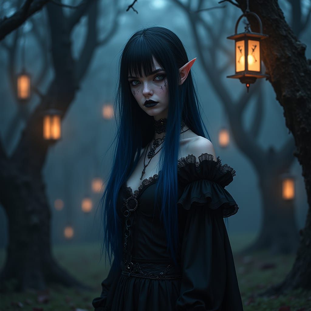 Gothic Elf in Dark Forest, Hyper-Realistic Style