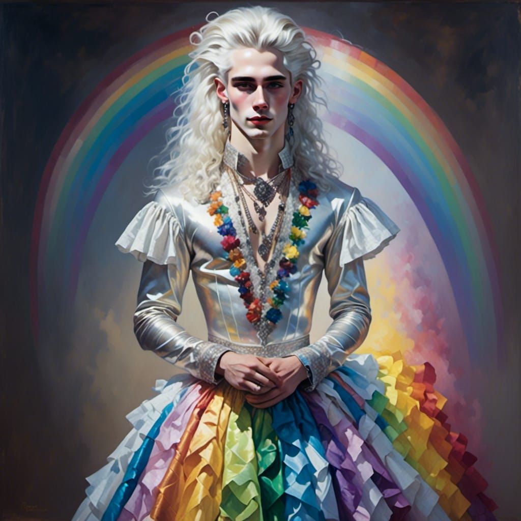 Man in Rainbow Dress with Tribal Elements