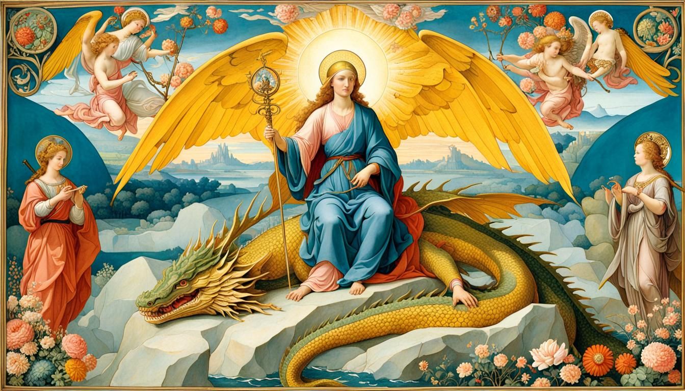 Saint Michael Slaying Dragon in Art Nouveau Style