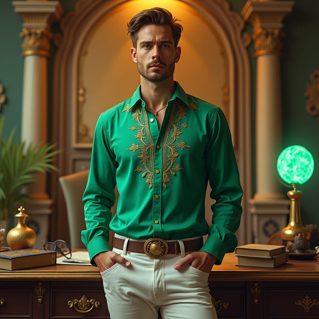 Man in Green Shirt at Baroque Table