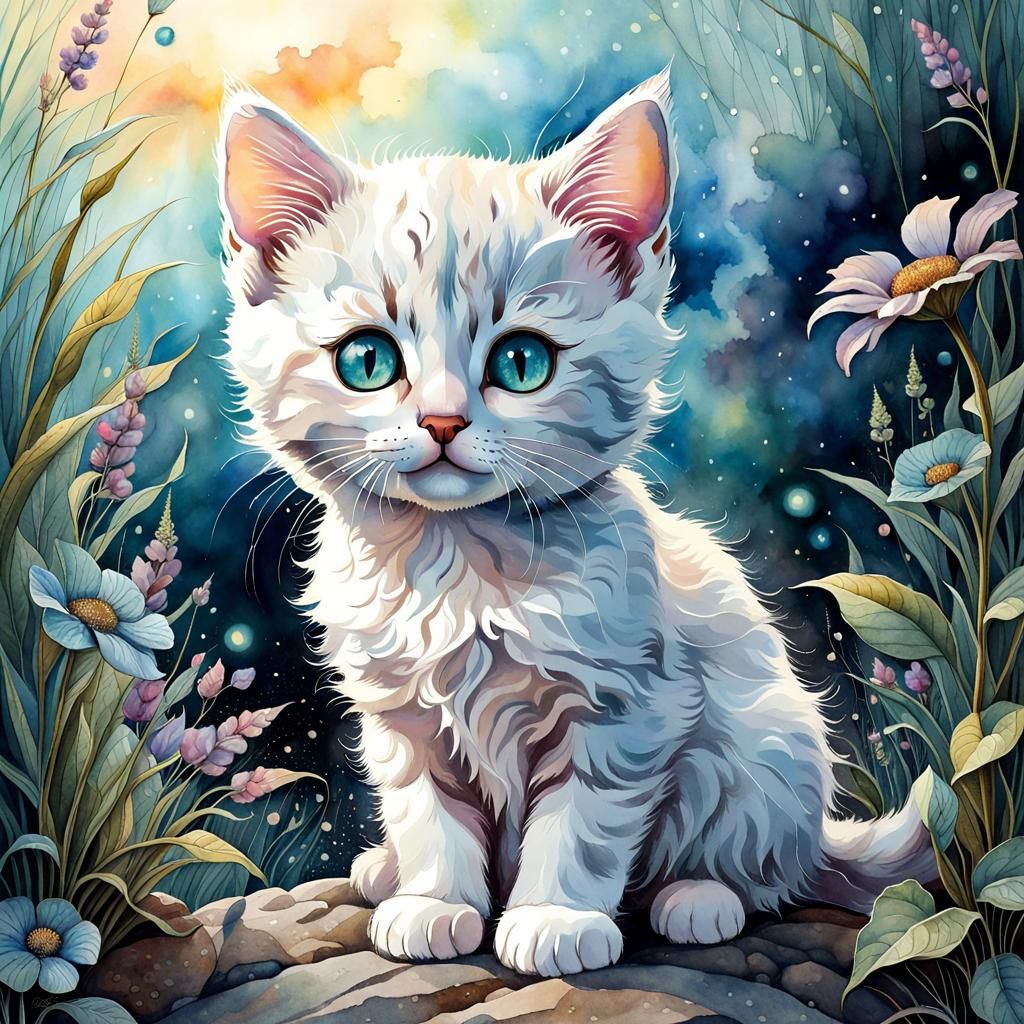 Adorable Kitten in Wild, Pastel Watercolor Masterpiece