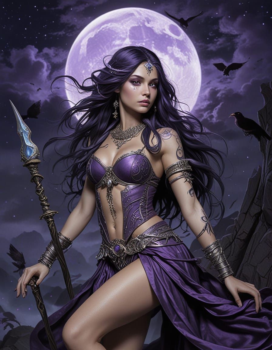 Japanese Warrior Princess with Crystal Staff in Purple Silk