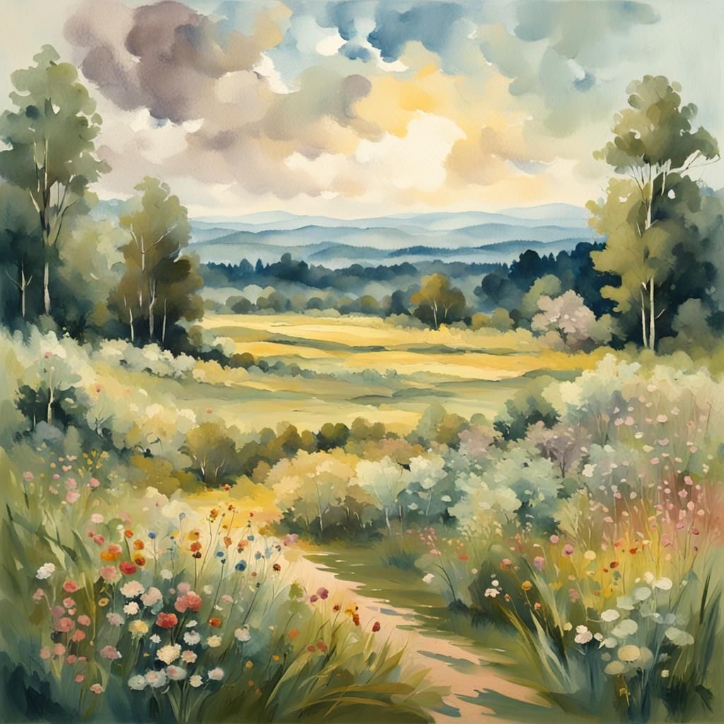 Muted Summer Meadow Masterpiece in Epic Impressionist Style