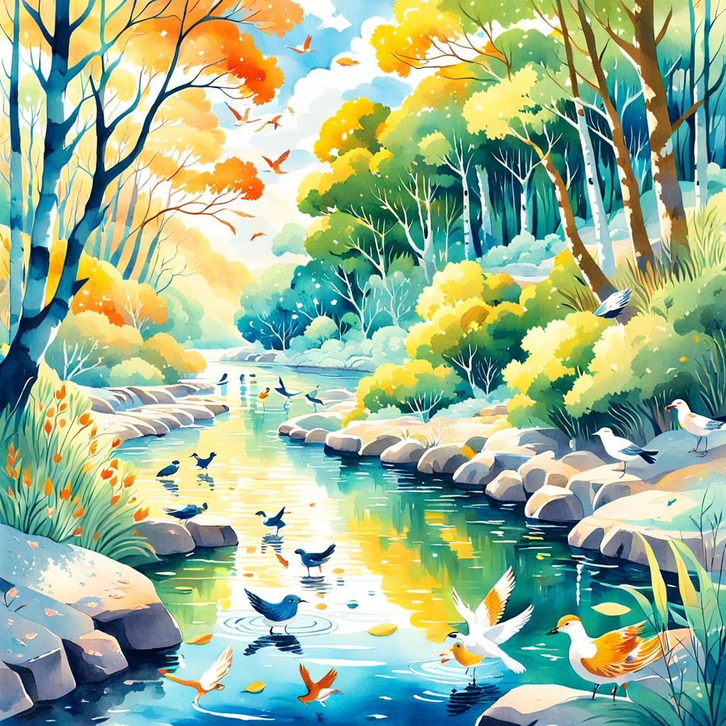 Anime River Scene with Forest Animals