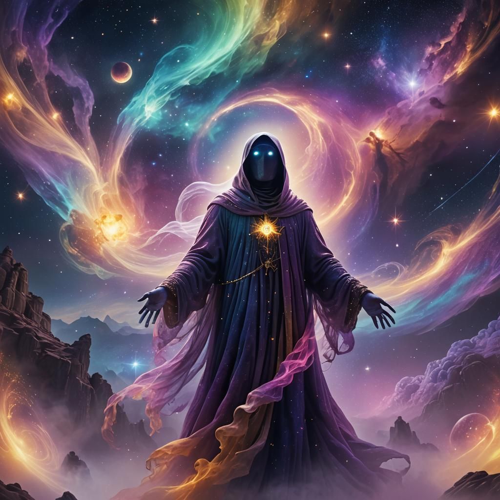 Ghostly Figure Fading into Ethereal Galaxy