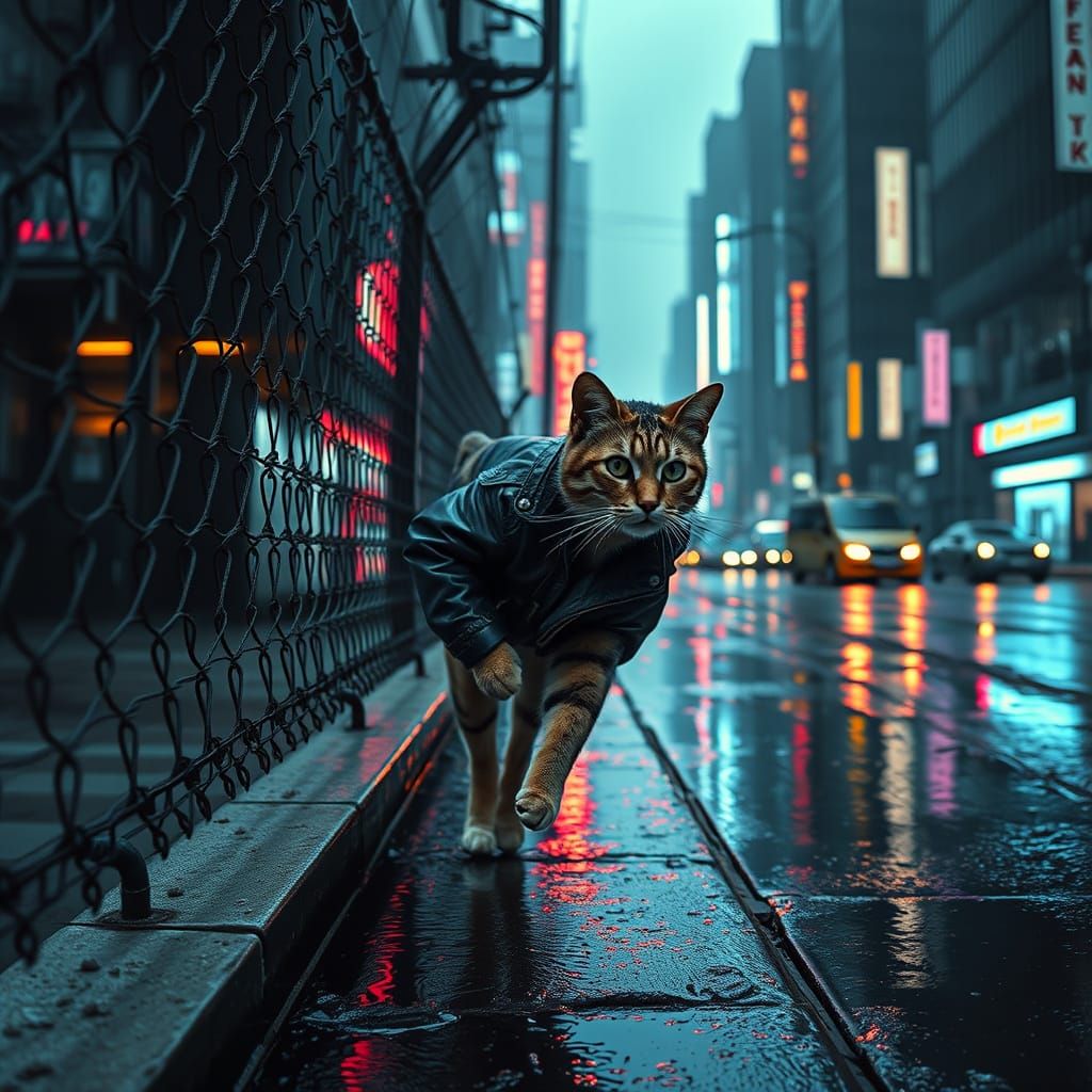 Cyberpunk Cat Runs Electric Fence in Rainy Cityscape