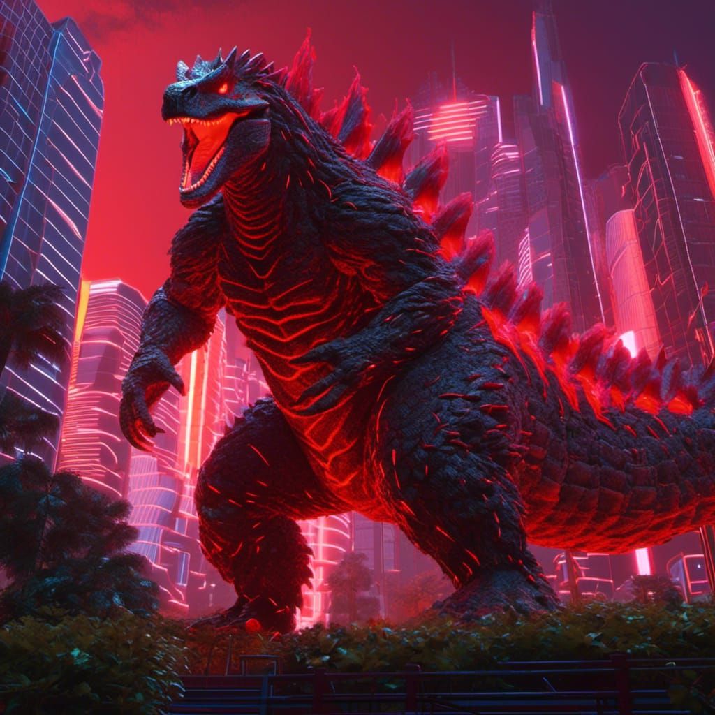 Godzilla with Neon Dorsal Plates in Retrowave Style