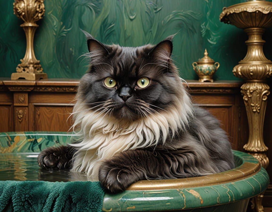 Serene Persian Cat in Whimsical Bath Scene, Rendered in Wate...