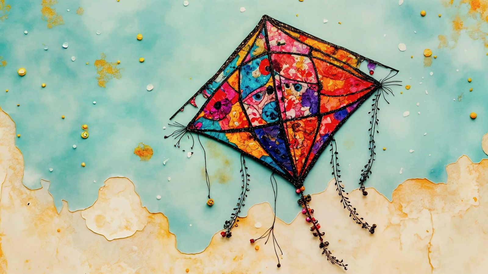 Brightly Colored Kite Scene in Embroidered Style