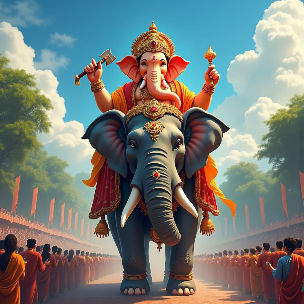 Lord Ganesha on Elephant in Ornate, Detailed Style