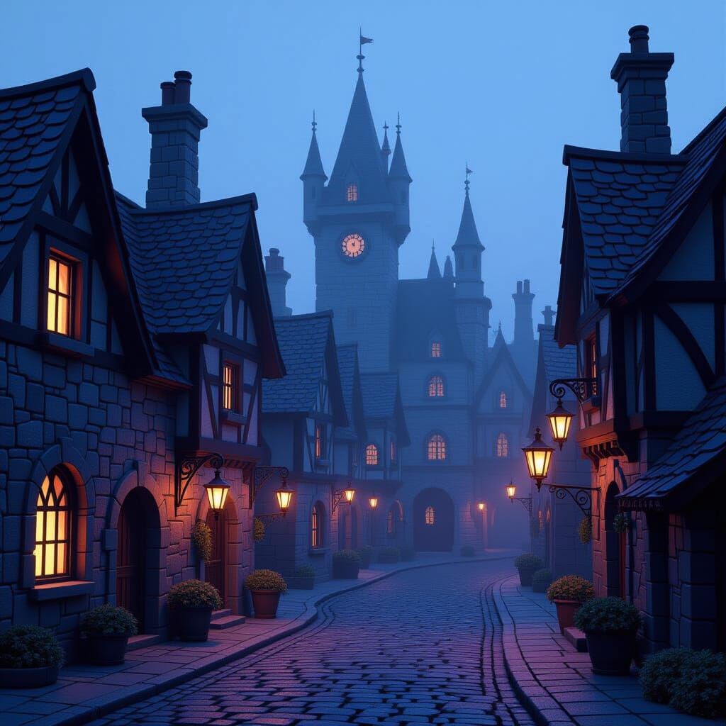 Gothic Christmas Village at Night in Cinematic Style