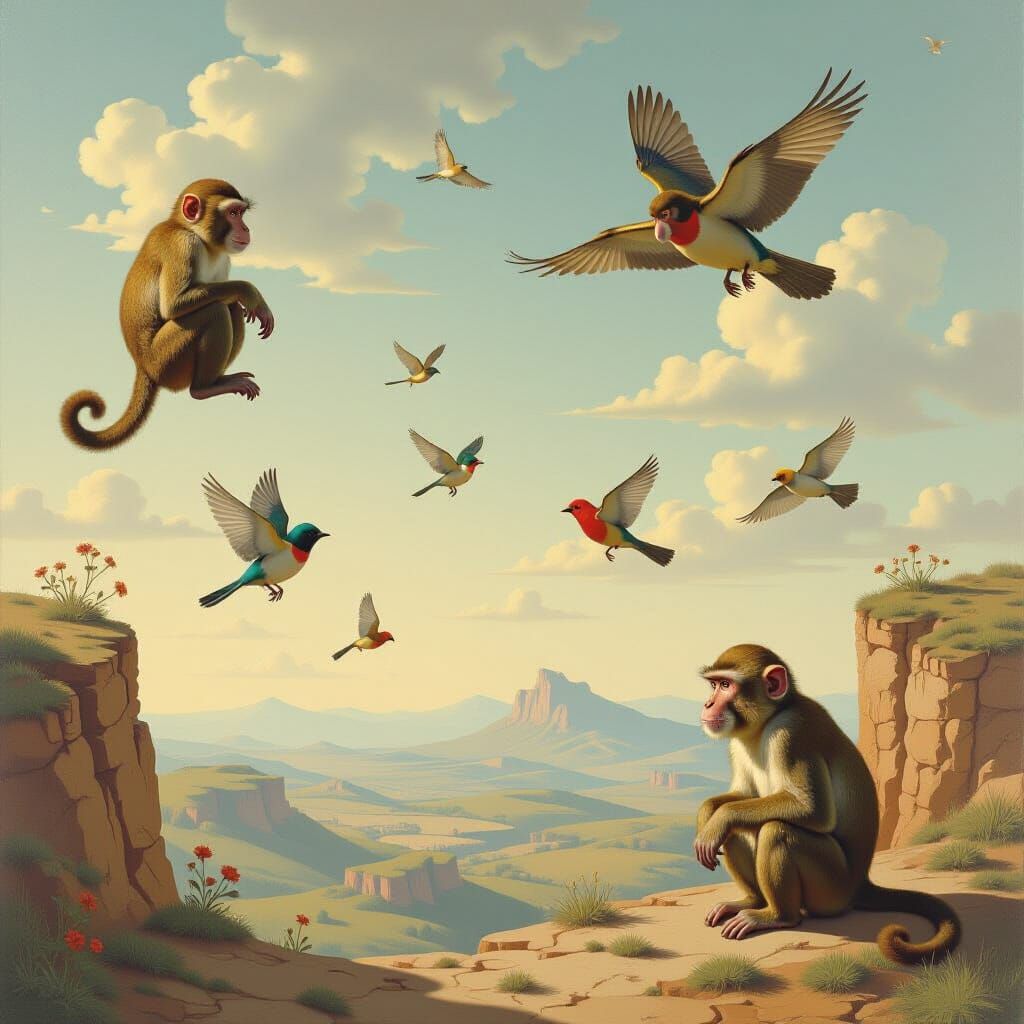 Surreal Monkeys and Birds in Dreamlike Landscape Painting