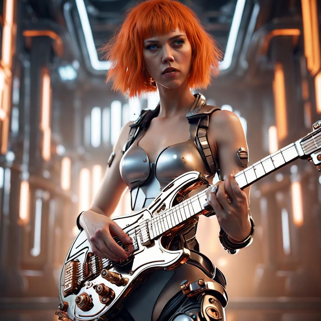 Futuristic Princess Plays Electric Guitar in Sci-Fi Style