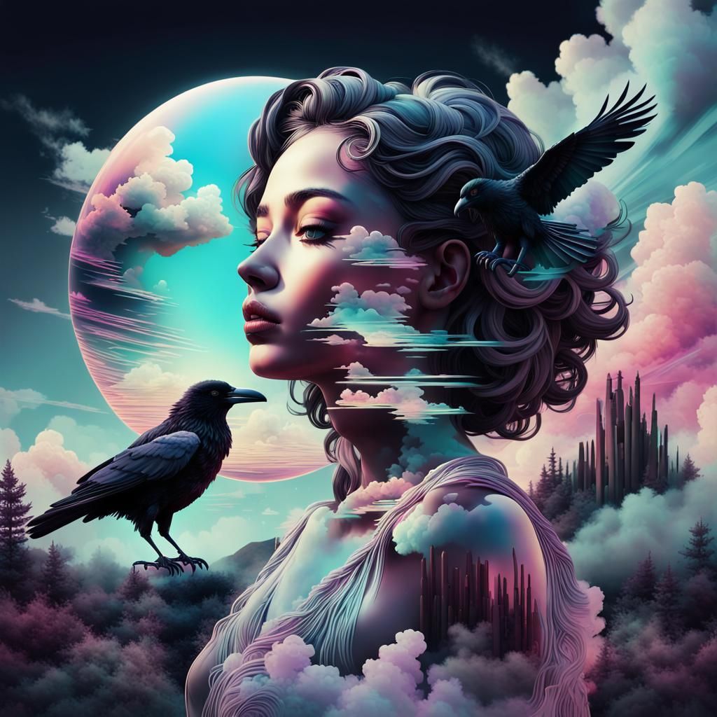 Dreamy Vaporwave Woman and Raven in Retro Landscape