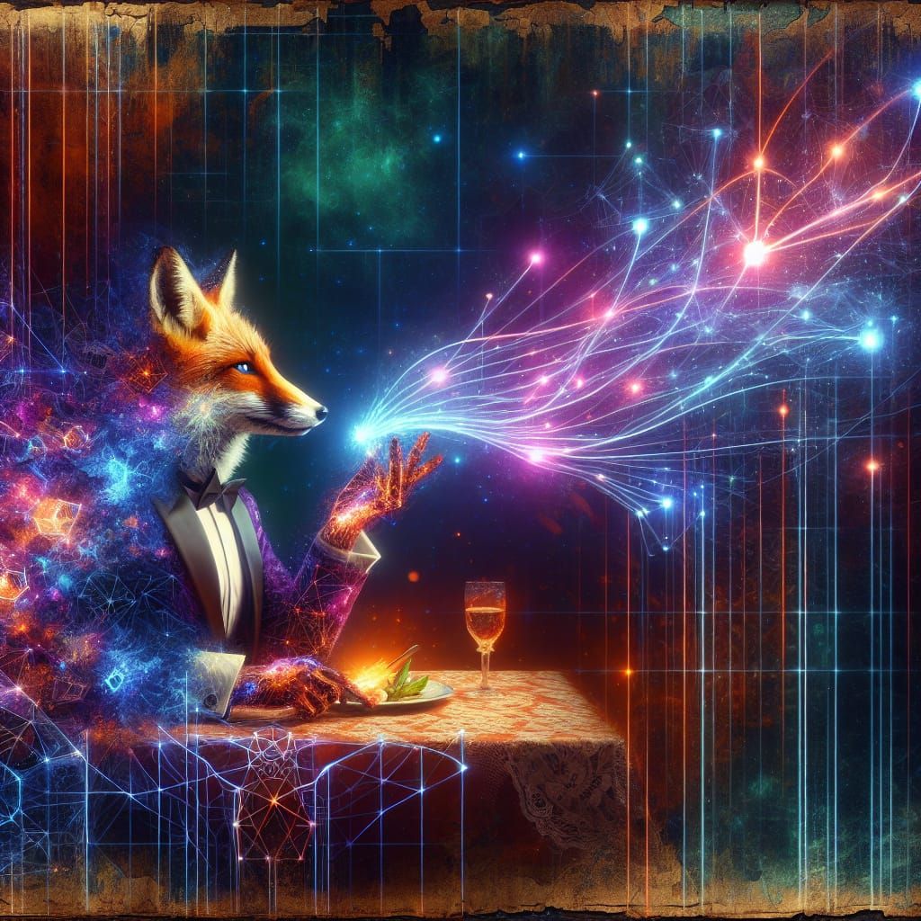 Futuristic AI Network on Ancient Parchment, Fox in Tuxedo