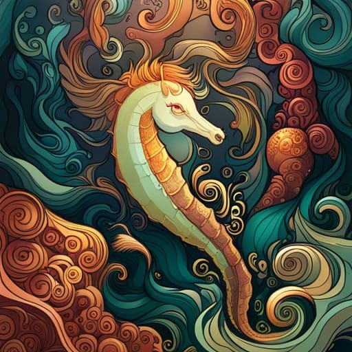 Luminous Seahorse with Golden Outlines Digital Art