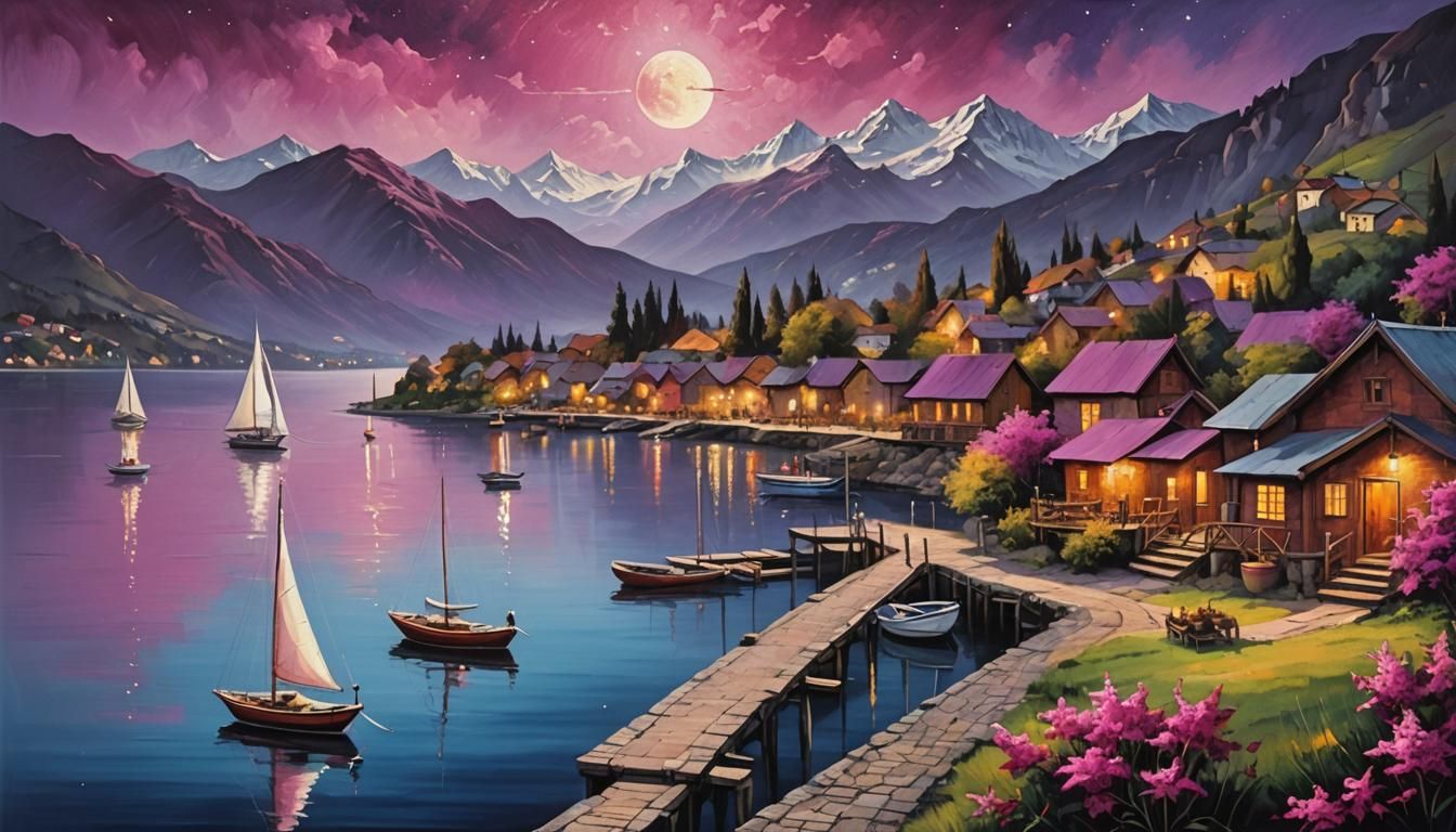 Magenta Moon Over Serene Lakeside Village in Oil