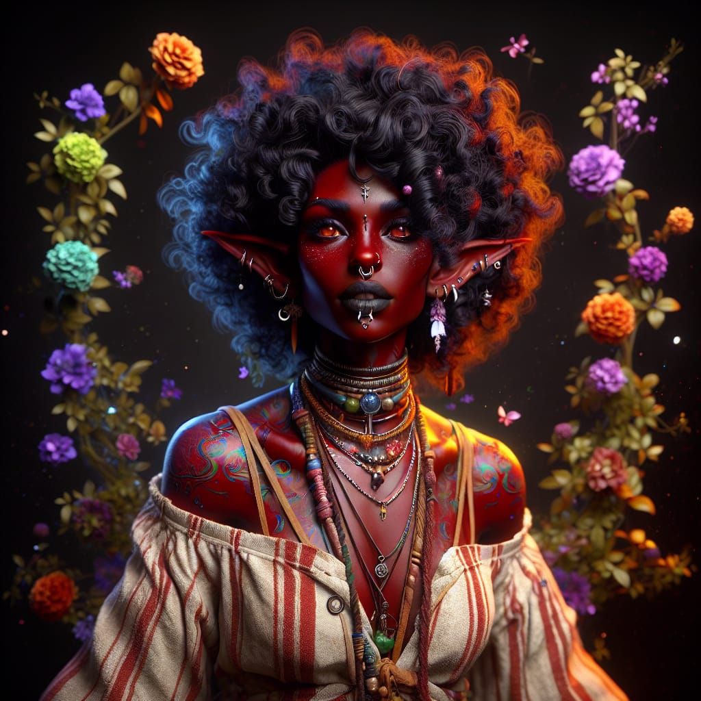 Elegant Tiefling Woman in Hyperrealistic 3D Anime Style