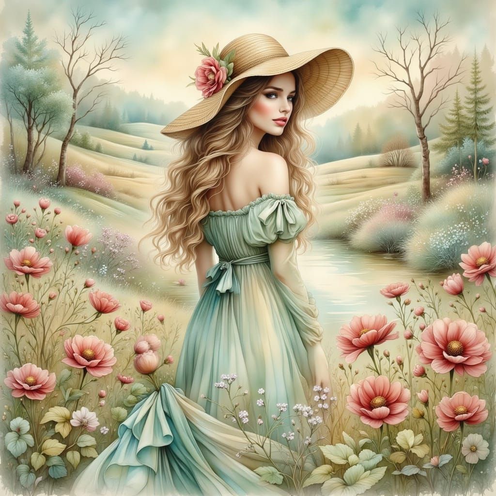Elegant Woman in Serene Landscape, Art Nouveau Style
