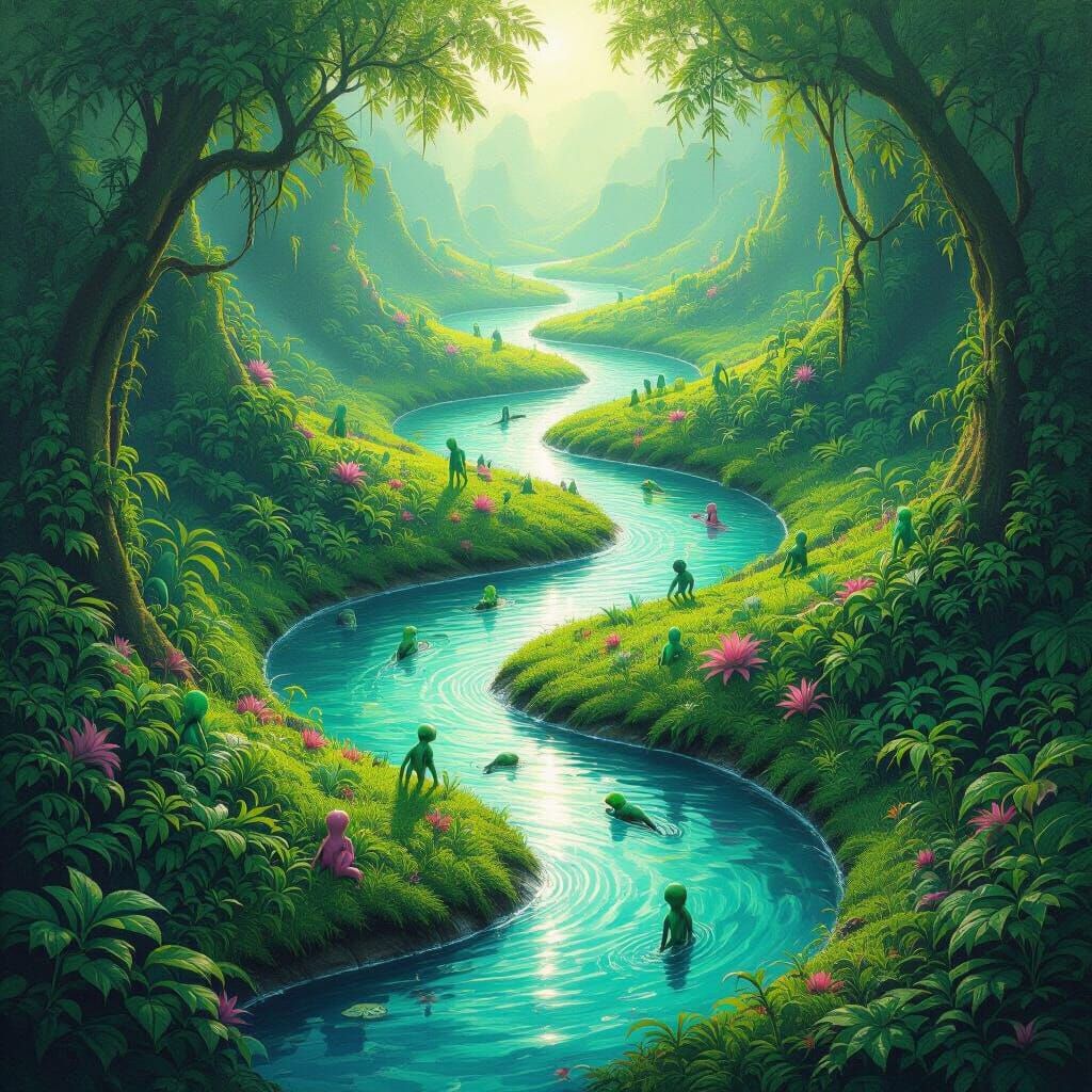 Alien Rivers Landscape Oil Painting with Strange Creatures