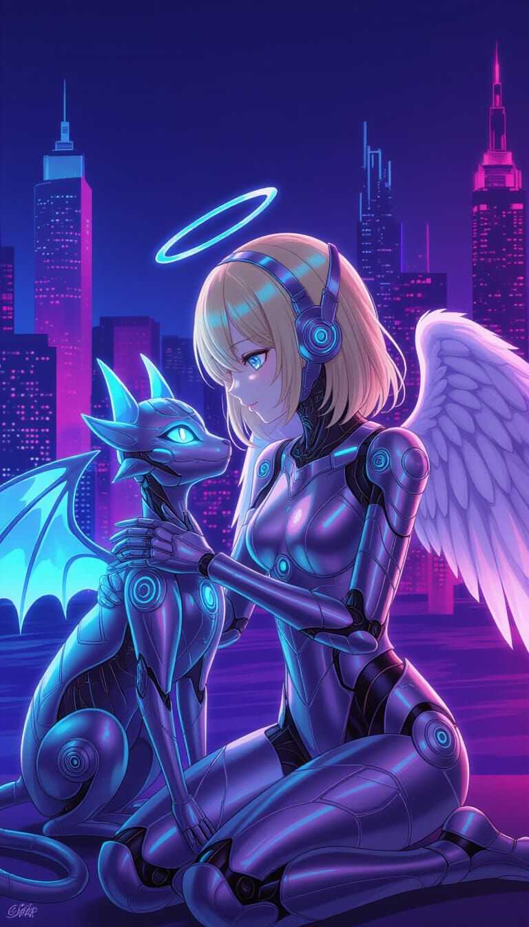 Cyborg Angel and Holographic Demon in Neon Cityscape