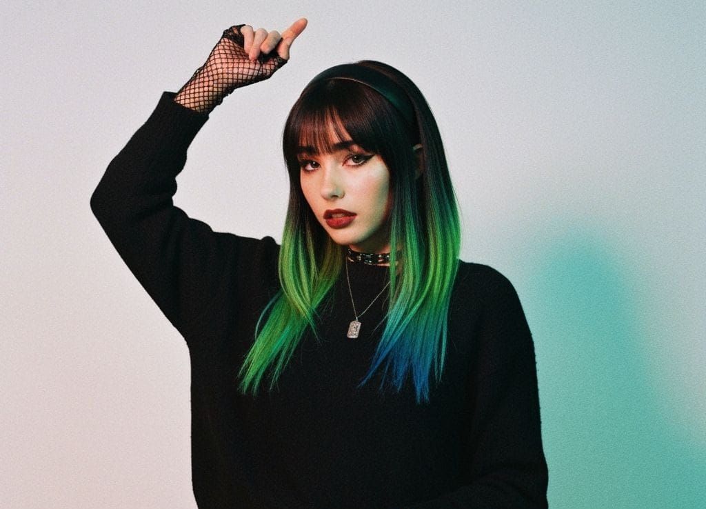 Goth Emo Girl Dancing with Green and Blue Hair