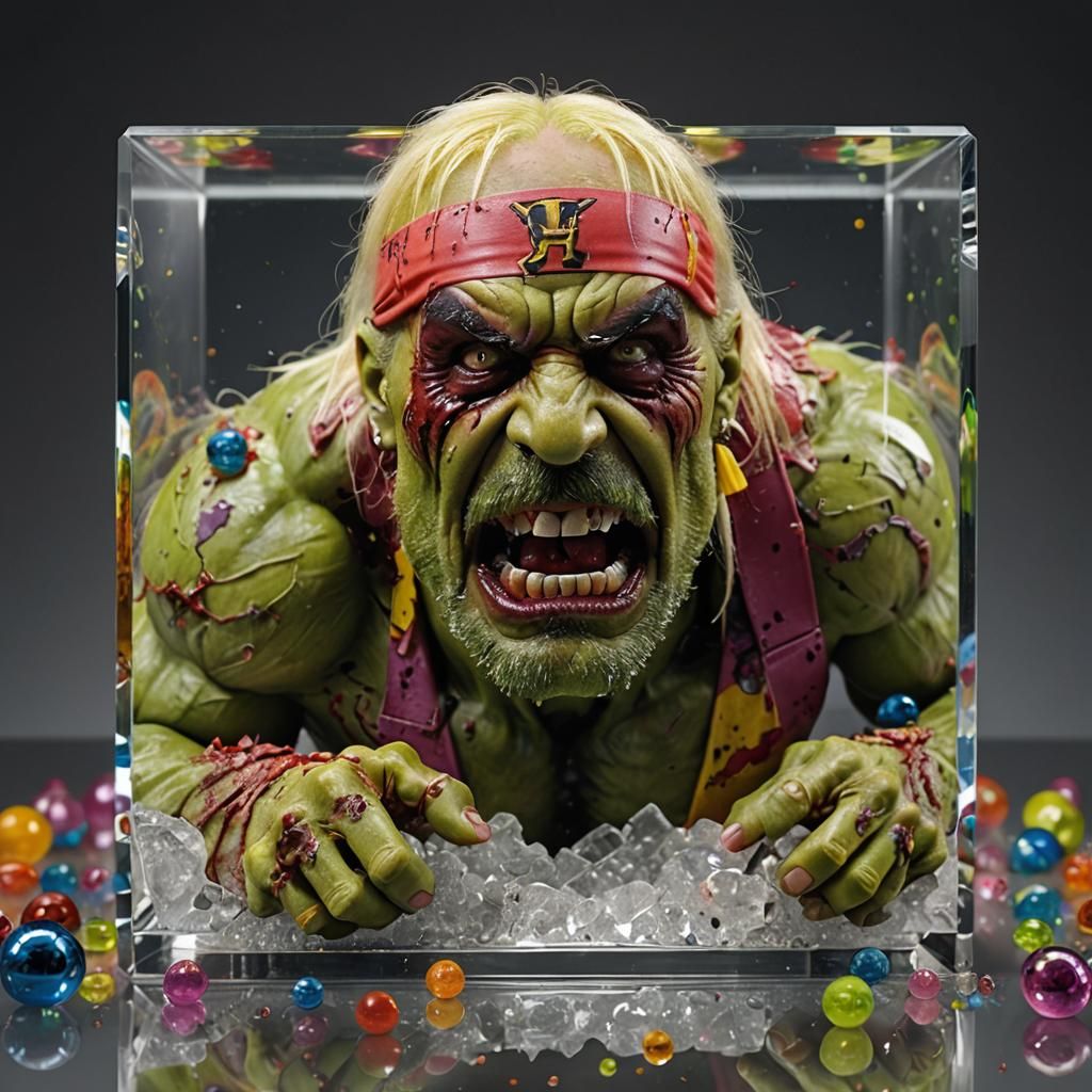 Zombie Hulk Hogan in Glass Cube, 3D Rendering
