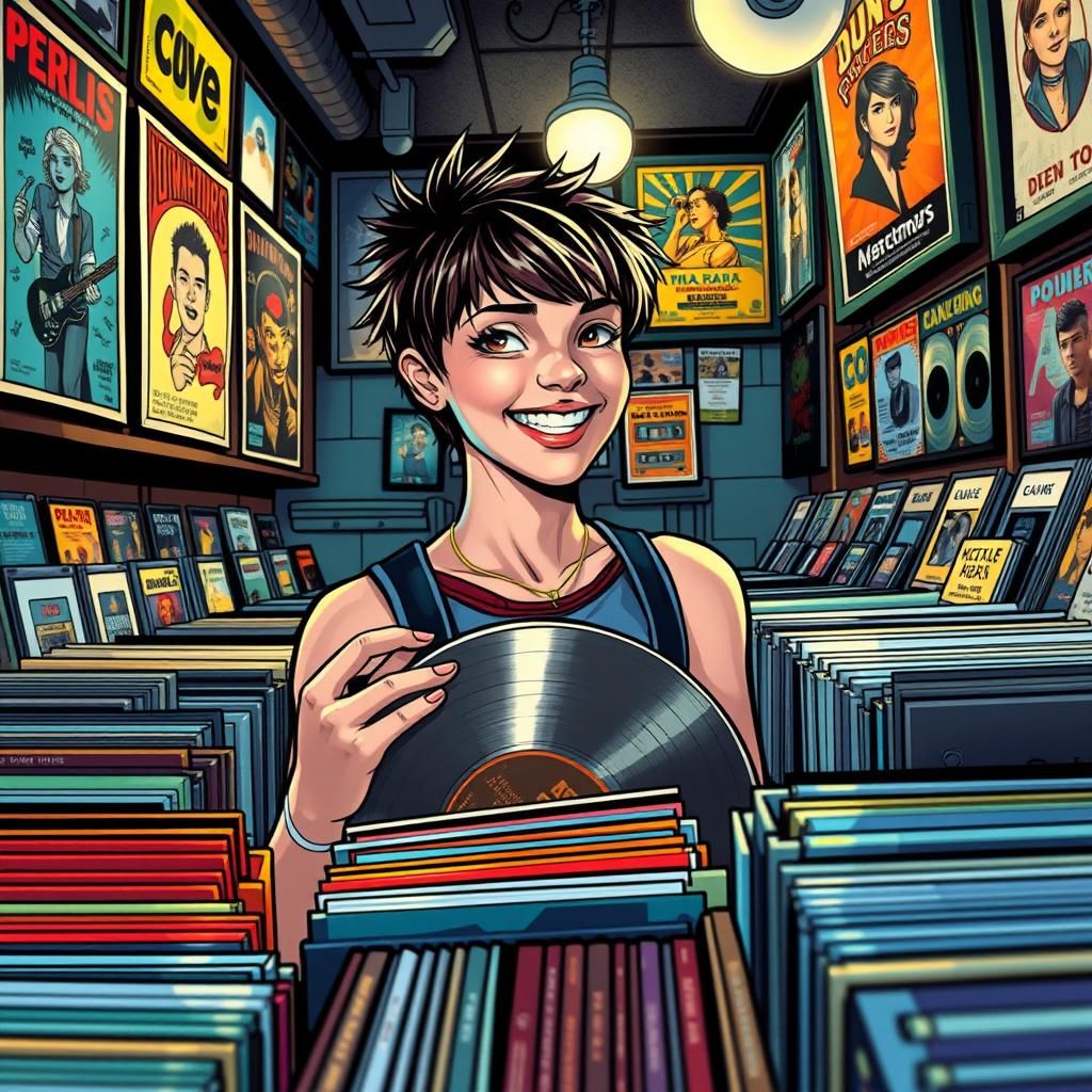 Woman Surrounded by Vinyl Records in Music Store